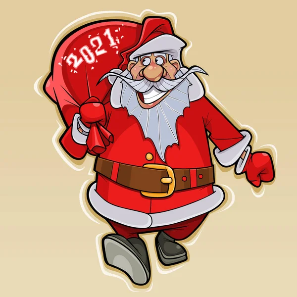 Cartoon Weihnachtsmann Spaziert Fröhlich Mit Geschenktüte Auf Der Schulter Und — Stockvektor