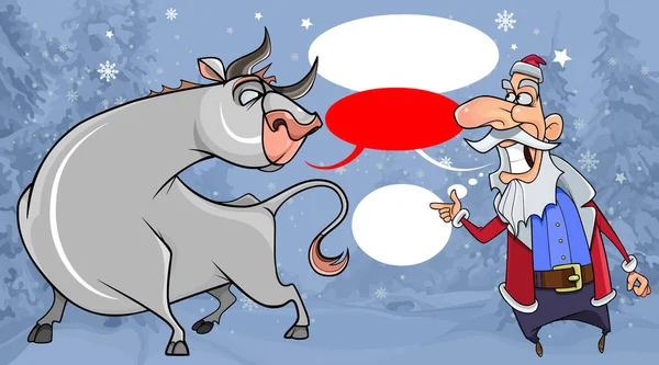 Cartone Animato Allegro Uomo Abiti Babbo Natale Parlando Con Toro — Vettoriale Stock