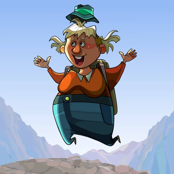Cartone Animato Donna Grassa Turista Con Zaino Gioiosamente Saltando Sulla — Vettoriale Stock