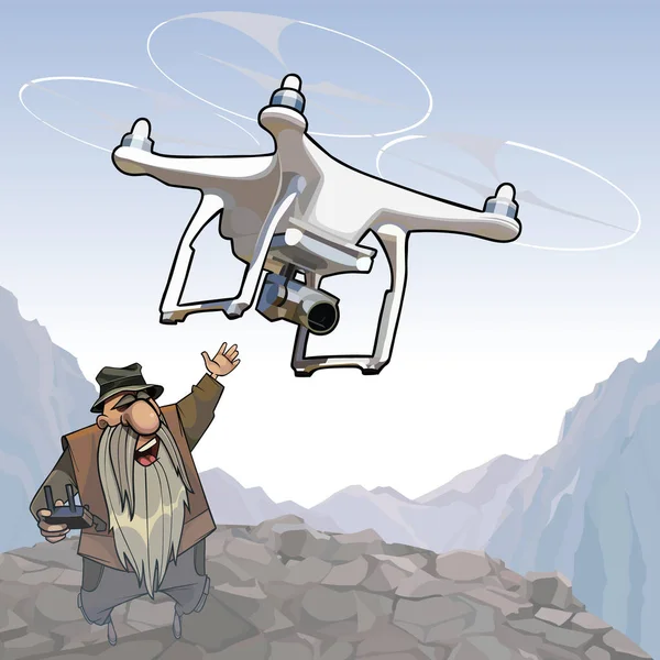 Cartoon Grandfather Controls Quadcopter High Mountains — Stock Vector