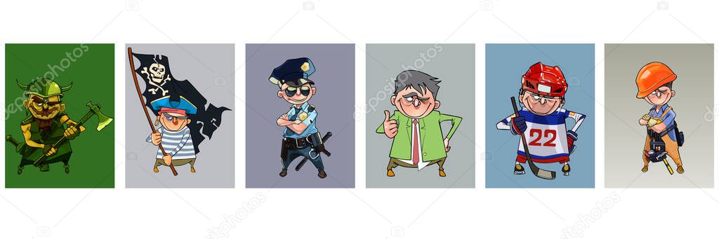 set of cartoon smiling man in different looks and clothes