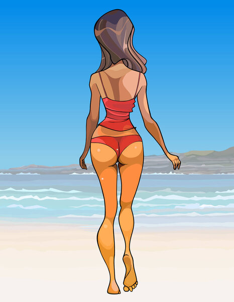Cartoon girl in a swimsuit and a tank top walks along the shore to the sea. Back view