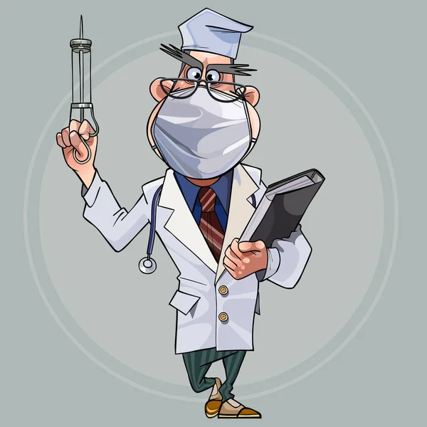 手拿着文件夹和注射器 戴着医疗面罩的滑稽卡通医生 — 图库矢量图片