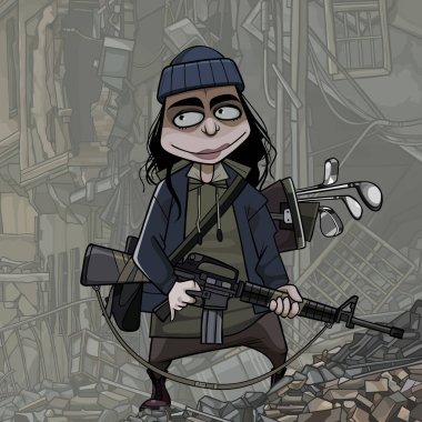 Arkaplanda makineli tüfek ve golf sopaları olan komik kadın.