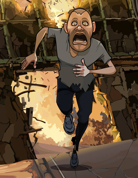 funny cartoon frightened man running from fire in ruins
