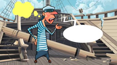 cartoon talking sailor standing on the deck of dilapidated wooden ship clipart