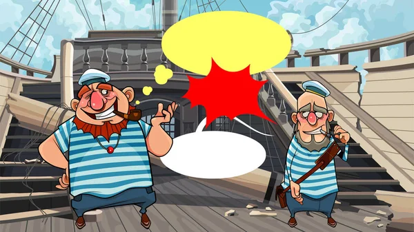 Два Мультяшных Моряка Стоят Палубе Ветхого Деревянного Корабля Разговаривают — стоковый вектор