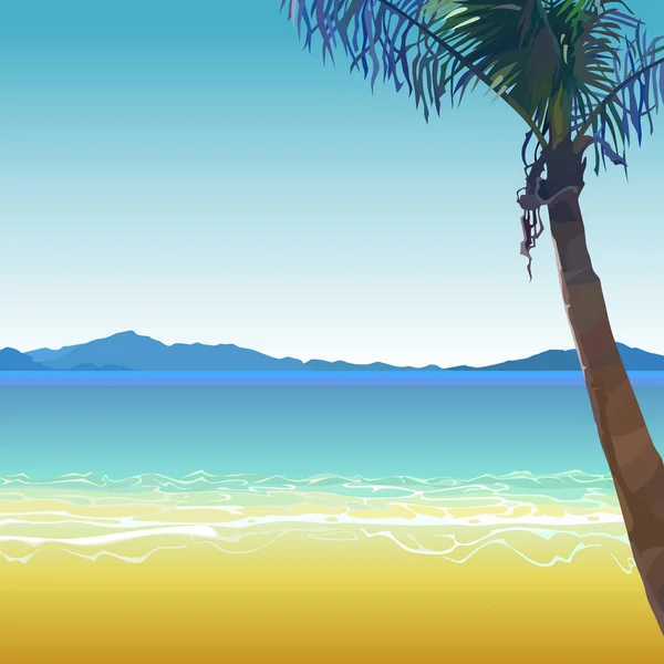 卡通片海背景 有沙滩热带海滩和一棵棕榈树 — 图库矢量图片