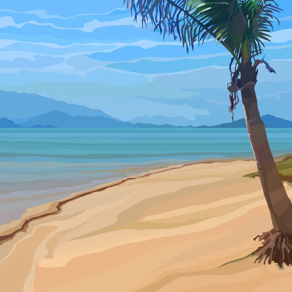 Getekend Cartoon Tropisch Strand Achtergrond Met Palm Boom Zandige Kust — Stockvector