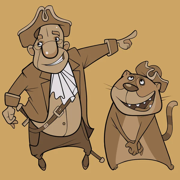 Chat Dessin Animé Dans Chapeau Pirate Tient Côté Homme Costume — Image vectorielle
