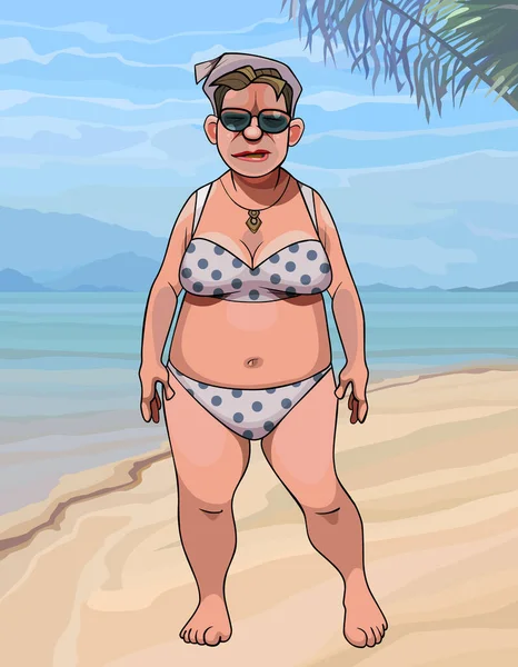 Cartoon Elderly Woman Swimsuit Standing Tropical Beach — Stock Vector