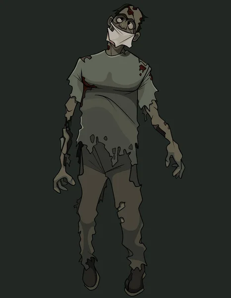 Effrayant Dessin Animé Zombie Homme Vêtements Déchirés Avec Masque Médical — Image vectorielle