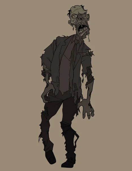 Effrayant Dessin Animé Zombie Homme Costume Déchiré Lambeaux Avec Cravate — Image vectorielle