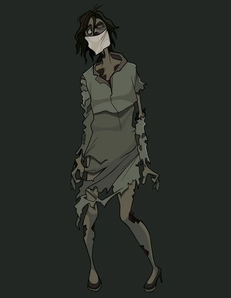 Effrayant Dessin Animé Zombie Femme Robe Déchirée Avec Masque Médical — Image vectorielle