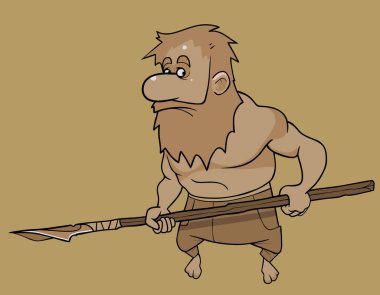 Elinde ev yapımı mızrakla çizgi film sakallı bir adam. Okher tonlarında resim