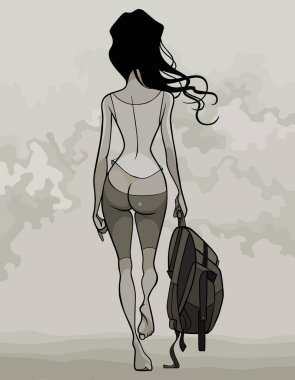 Spor kıyafetli, sırt çantalı seksi bir kadın çıplak ayakla yürüyor. Resim monokromdur