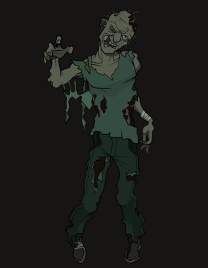 Çizgi filmdeki yırtık elbiseli korkunç zombi elini kaldırdı.