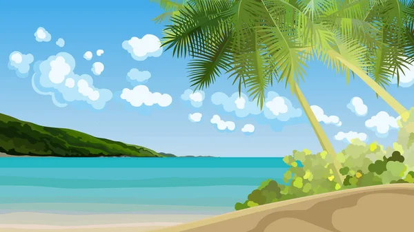 Hermosa Playa Arena Tropical Con Palmeras Dibujos Animados — Vector de stock