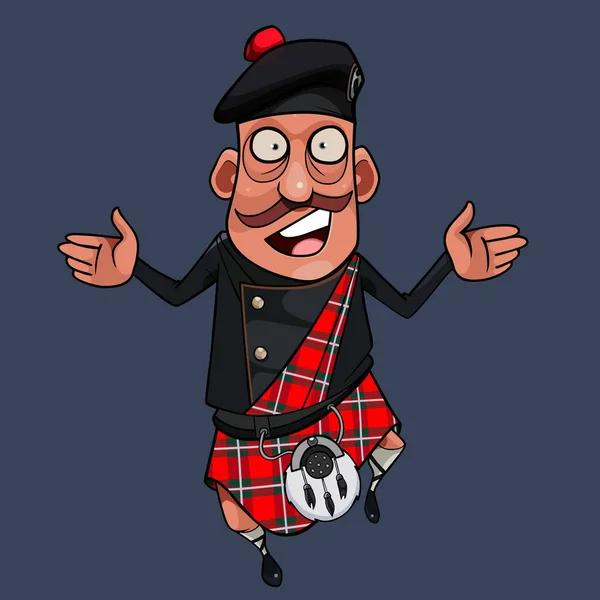 Caricatura Vestido Escocés Montañés Kilt Con Los Ojos Abiertos Extendió — Vector de stock