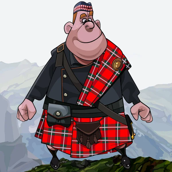 雅致的卡通片肥胖的微笑着红头发的苏格兰高地人 腰缠万贯地站在高山上 — 图库矢量图片