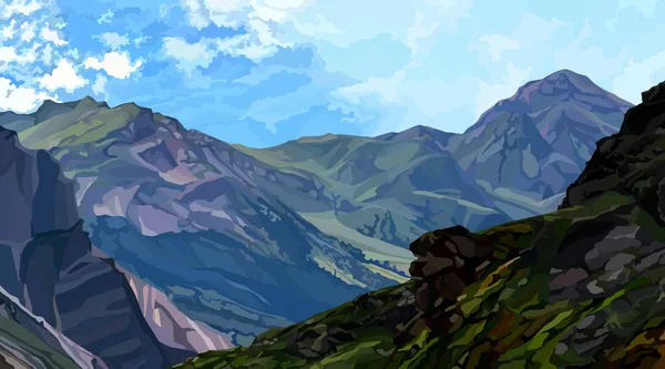 Fondo Ladera Montaña Rocosa Verde Con Vistas Valle Montaña — Vector de stock