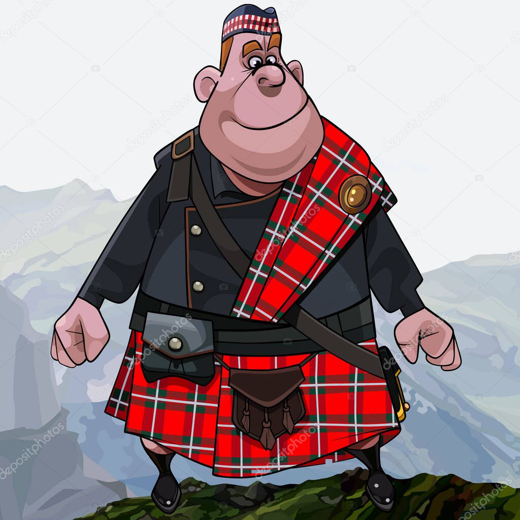 elegant cartoon fat smiling redhead scottish highlander in kilt standing high in the mountains