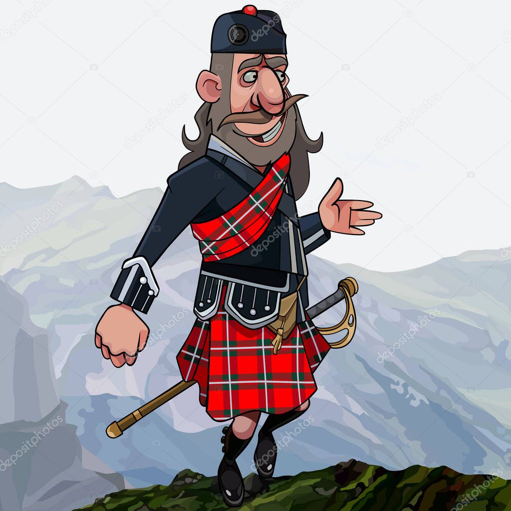 cartoon scottish highlander in smart clothes in kilt and sword stands high in the mountains