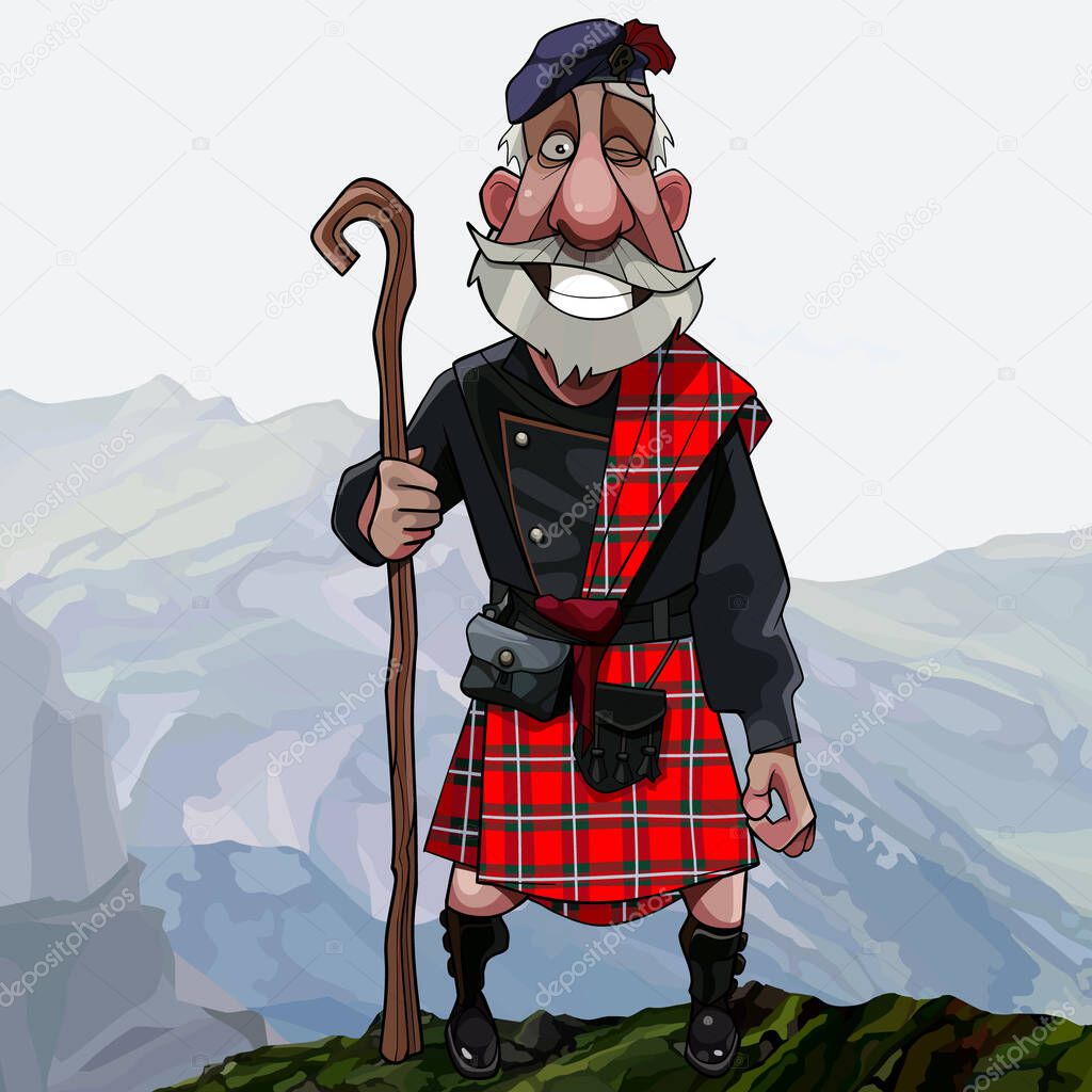 cartoon smiling gray haired Scottish highlander in kilt with a staff in his hand stands high in the mountains