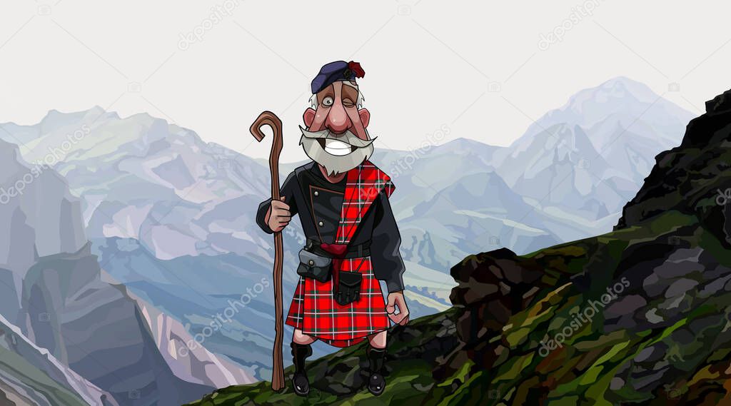 cartoon smiling gray haired Scottish highlander in a kilt with staff in his hand stands on a high mountainside