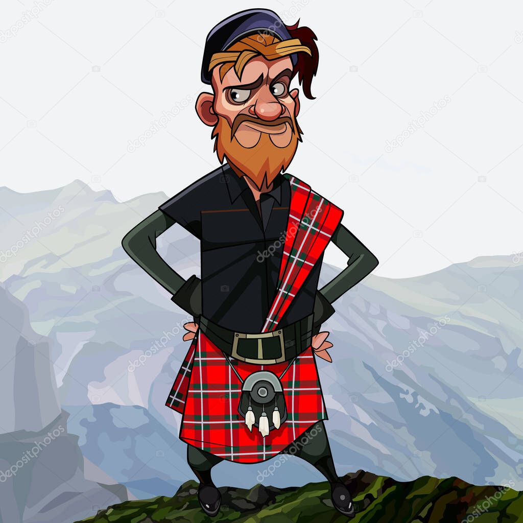 funny disgruntled cartoon redhead scottish highlander in kilt stands akimbo high in the mountains