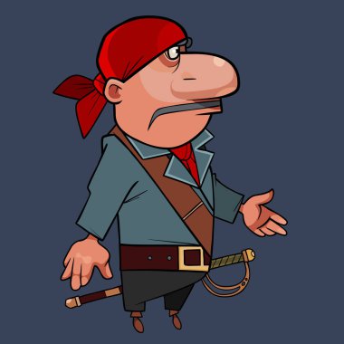 Çizgi filmdeki bıyıklı adam bandana takmış, korsan kıyafetli ve kılıçlı adam yan yana duruyor.