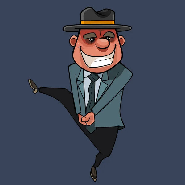 Desenho Animado Sorrindo Amplamente Homem Terno Chapéu Dançando Com Perna — Vetor de Stock