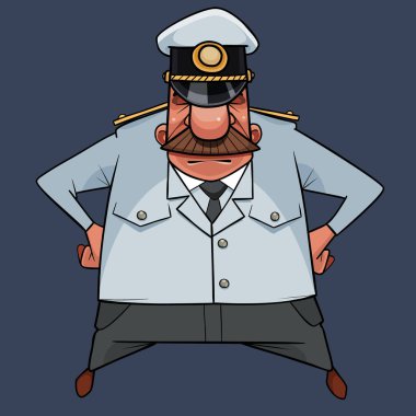 Çizgi film karakteri bıyıklı beyaz deniz kaptanı üniformalı adam akimbo duruyor.