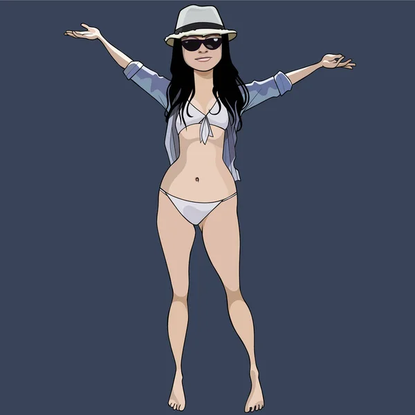 Beautiful Cartoon Pale Skinned Woman Swimsuit Hat Spread Her Arms — Stock Vector