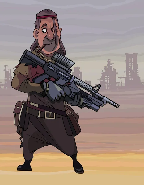 Cartoon Mann Postapokalyptischer Kleidung Mit Gewehr Auf Dem Hintergrund Von — Stockvektor