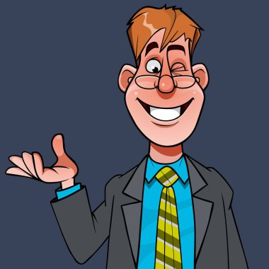 Takım elbiseli komik bir adam. Kravatlı. Neşeli bir şekilde el hareketleriyle göz kırpıyor.