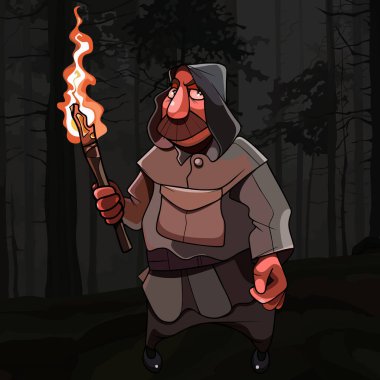 Ortaçağ giysili çizgi film adamı elinde meşaleyle ormanda duruyor.