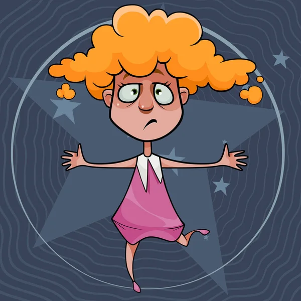 Ontmoedigd Cartoon Meisje Roze Jurk Lopen Met Haar Armen Wijd — Stockvector