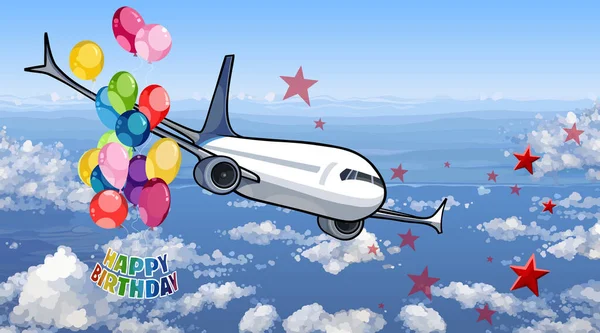 快乐的生日贺卡飞机在天空中飞翔 头顶着五彩斑斓的气球 — 图库矢量图片