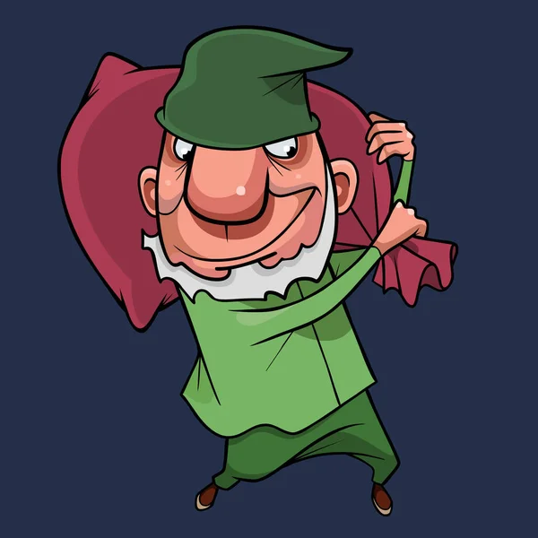 Kreslený Gnóm Zeleném Oblečení Kráčí Taškou Rameni — Stockový vektor