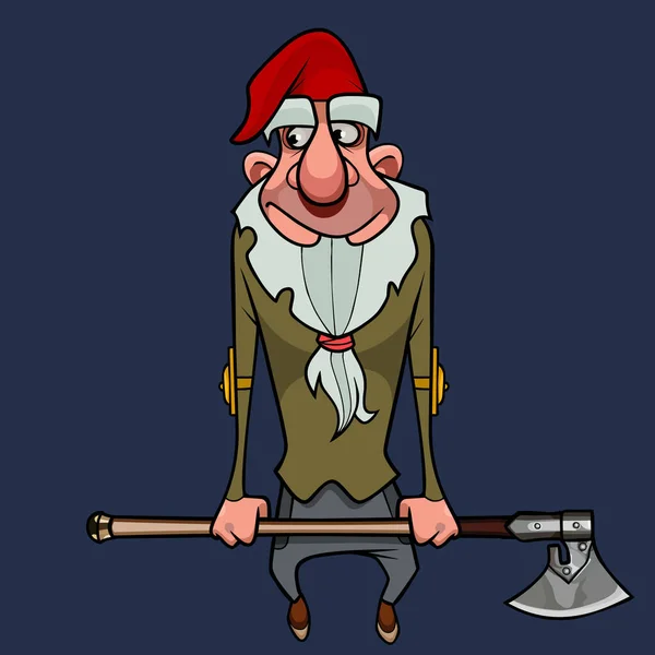 彼の手で斧を保持する赤い帽子に優しい漫画ひげそりのノーム — ストックベクタ