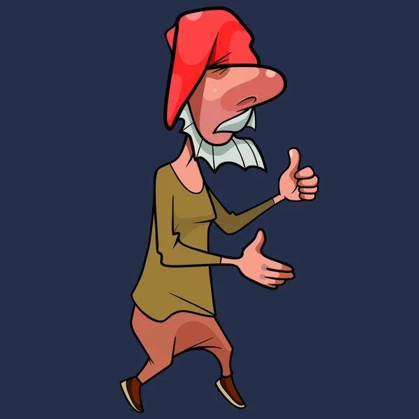 赤い帽子の散歩で面白い漫画ひげそりのノームと親指を示しています — ストックベクタ