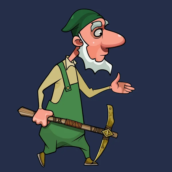 緑の服の漫画のノームは彼の手にピック斧で歩く — ストックベクタ