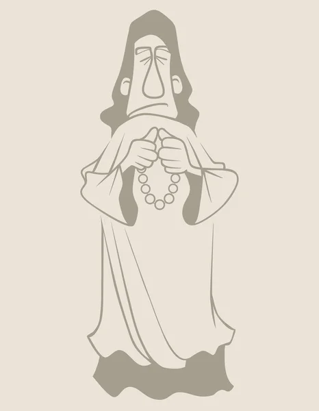 Szkic Rysunek Człowieka Kreskówki Stojącego Płaszczu Różaniec Jego Rękach — Wektor stockowy