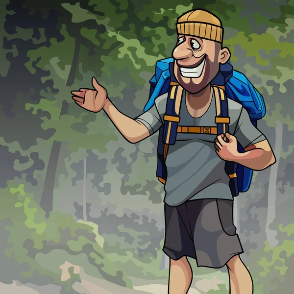 Cartoon Turista Masculino Com Uma Mochila Fundo Floresta Alegremente Mostra —  Vetores de Stock