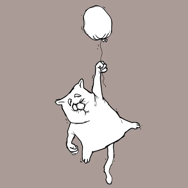 Schets Van Een Cartoon Kat Vliegen Ballon — Stockvector