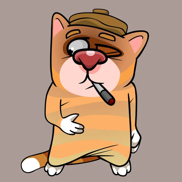 Dessin Animé Sournois Chat Dans Chapeau Avec Cigarette Dans Bouche — Image vectorielle