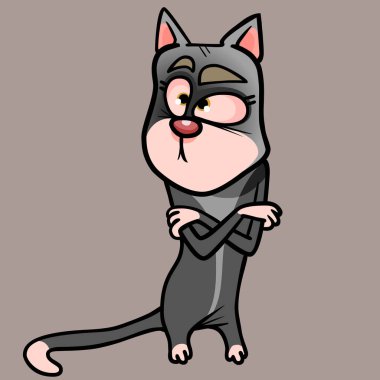 Puzzled cartoon gray kitty stands with her arms crossed on her chest vector Puzzled cartoon gray kitty stands with her arms crossed on her chest vector