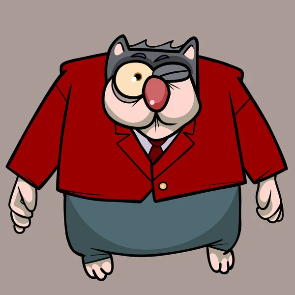穿着红夹克打领带的卡通肥猫看上去很惊讶 — 图库矢量图片