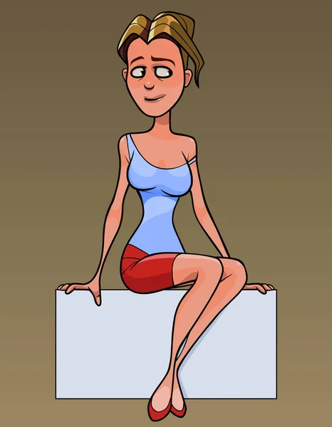セクシーな服を着た漫画の女性が座って横に恥ずかしがり屋に見える — ストックベクタ